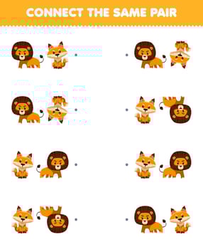 Education game for children connect the same picture of cute cartoon lion and fox pair printable animal worksheet vector