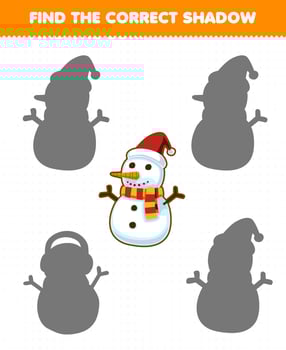 Education game for children find the correct shadow set of cute cartoon snowman printable winter worksheet vector