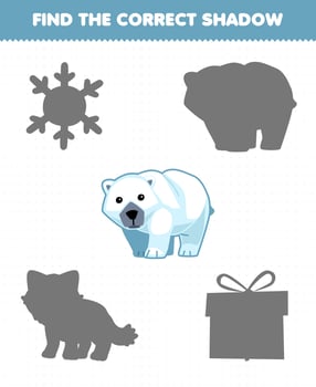 Education game for children find the correct shadow set of cute cartoon polar bear printable winter worksheet vector