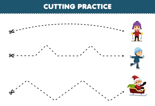 Education game for children cutting practice with cute cartoon santa boy playing ski and ice skating picture printable winter worksheet vector