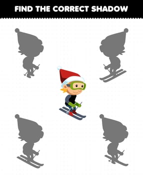 Education game for children find the correct shadow set of cute cartoon boy playing ski printable winter worksheet vector
