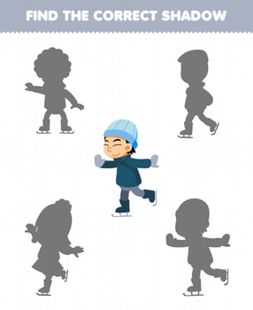 Education game for children find the correct shadow set of cute cartoon boy playing ice skating printable winter worksheet vector