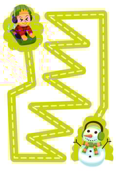 Education game for children handwriting practice trace the lines help cute cartoon boy playing sled move to snowman printable winter worksheet vector