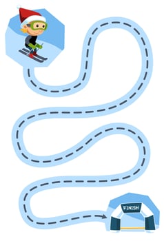 Education game for children handwriting practice trace the lines help cute cartoon boy playing ski move to finish line printable winter worksheet vector