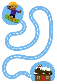 Education game for children handwriting practice trace the lines help cute cartoon boy playing snowboard move to house printable winter worksheet vector