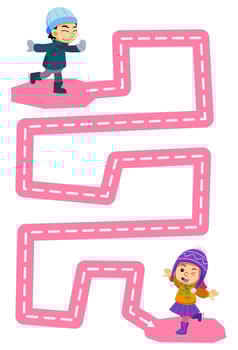 Education game for children handwriting practice trace the lines help cute cartoon boy playing ice skating move to girl printable winter worksheet vector