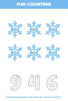 Education game for children count the pictures and color the correct number from cute cartoon snowflake printable winter worksheet vector