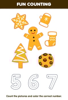 Education game for children count the pictures and color the correct number from cute cartoon cookie printable winter worksheet vector