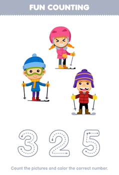 Education game for children count the pictures and color the correct number from cute cartoon boy and girl playing ski printable winter worksheet vector