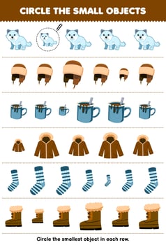 Education game for children circle the smallest object in each row of cute cartoon arctic fox hat jacket sock boot printable winter worksheet vector