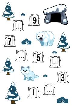 Education game for complete the sequence of number with cute cartoon arctic fox polar bear and den picture printable winter worksheet vector