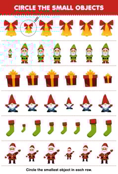 Education game for children circle the smallest object in each row of cute cartoon bell gnome gift box sock santa printable winter worksheet vector