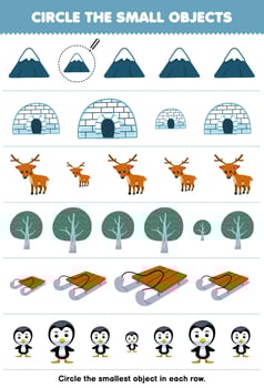 Education game for children circle the smallest object in each row of cute cartoon mountain igloo deer tree sled penguin printable winter worksheet vector