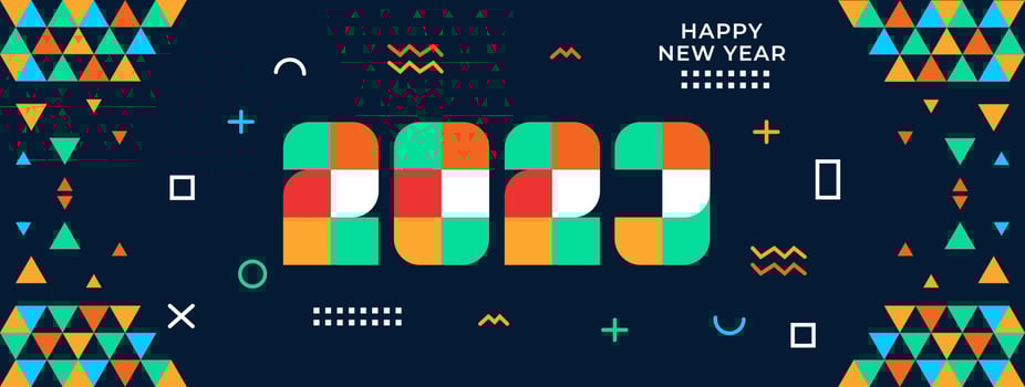 Happy New Year 2023 Greeting banner logo design illustration, Creative and Colorful 2023 new year vector typography banner, with modern abstract geometric design and background in retro style