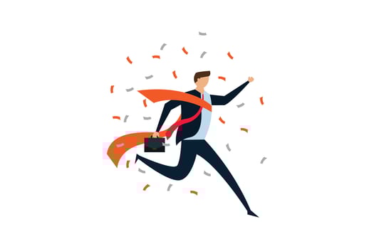 Business winner reaching goal, success celebration, joyful smart businessman worker running reaching goal at the finishing line as first winner. vector