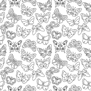 Butterflies pattern. Black and white seamless background with doodle flying insects. Vector repeat illustration for designs, textile, fabric, wrapping paper
