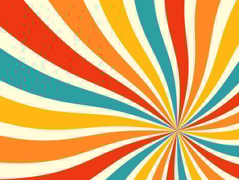 Abstract Spiral, Starburst, or Sunburst Background. Colorful Retro Style Stripe Backdrop. 70s Vintage Art. Graphic Template for Banner or Poster Design Concept. Free Vector Wallpaper Illustration.