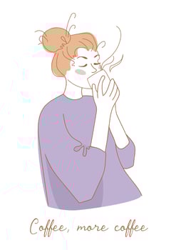 Calm girl in a purple sweater drinks coffee. Morning routine concept. Lettering coffee, more coffee. For postcard, poster, design element vector