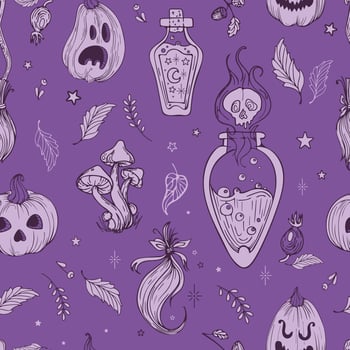 Vector seamless pattern cute illustration graphic drawing vintage style for Halloween. Pumpkin jack lantern. Magic mushrooms, witch potions, tufts of hair. For wallpaper, printing on fabric, wrapping.