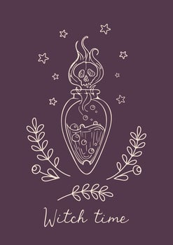 Vector cute graphic drawing in vintage style for Halloween. Seething witch s magic potion in a vial, steam in the form of a skull, autumn leaves. For posters, cards, banners, design elements