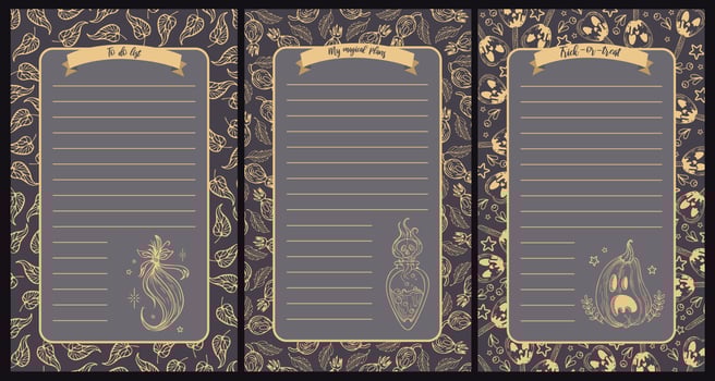 Vintage vector illustrations for Halloween. Witchcraft, magic. Potion, bunch of hair, Pumpkins, jack-o-lantern caramel apples. Important dates. For note paper, to do list, sticker, template design