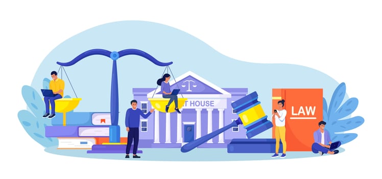 Law and justice concept. Justice scales, supreme court building and judge gavel. Crime courthouse advocate, lawyer consulting to client. Legal advice online, remote vector