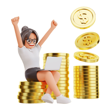 3d render Businesswoman sit on the dollar coins png