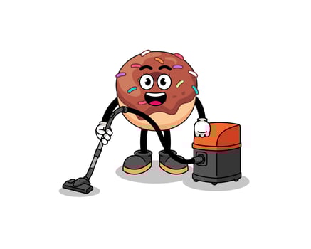 Character mascot of donuts holding vacuum cleaner vector