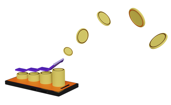 3d pile coins with orange mobile phone, smartphone, arrow, bar graph isolated. financial success and growth or saving money concept, 3d render illustration png