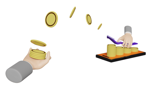 pile coins with orange mobile phone, smartphone, arrow, businessman hands holding bar graph isolated. financial success, growth, saving money concept, 3d illustration or 3d render png