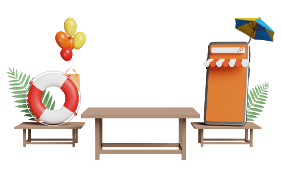 3d wooden table with mobile phone, smartphone store front, umbrella, balloon, palm, shopping paper bags, lifebuoy isolated. online shopping summer sale concept, 3d render illustration png