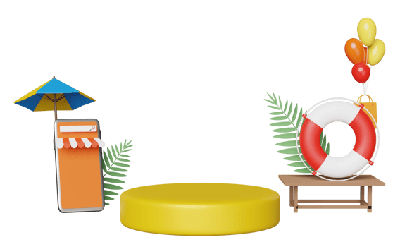 3d stage podium with mobile phone, smartphone store front, umbrella, balloon, palm, shopping paper bags, lifebuoy isolated. online shopping summer sale concept, 3d render illustration png