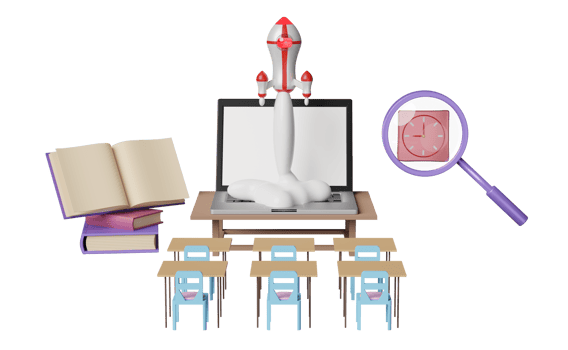 laptop computer with space ship, rocket launch, student desk, chair, magnifying, open book, clock isolated. room online innovative education, e-learning concept, 3d illustration or 3d render png