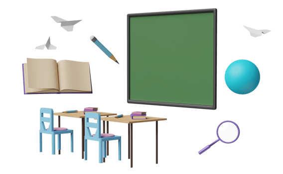 3d green blackboard with globe, paper plane, student desk, chair, magnifying, open book isolated. room online innovative education, e-learning concept,  3d render illustration png