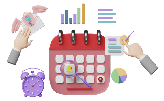 alarm clock with calendar, charts, graph, businessman hand, analysis business financial data, magnifying isolated. online marketing business strategy concept, 3d illustration, 3d render png