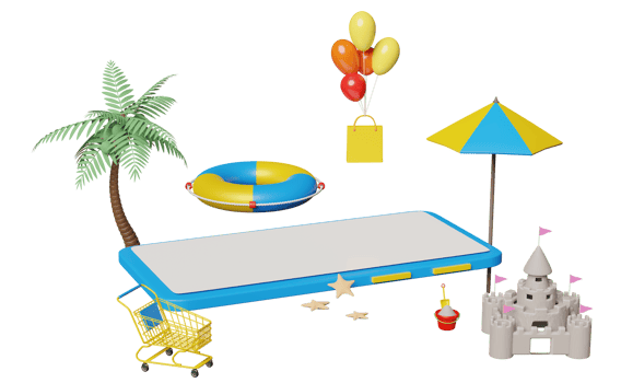 3d mobile phone, smartphone with umbrella, balloon, cart, palm, shopping paper bags, lifebuoy, flags, sand castle isolated. online shopping summer sale concept, 3d render illustration png
