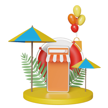 3d stage podium with mobile phone, smartphone store front, umbrella, balloon, palm, shopping paper bags, lifebuoy isolated. online shopping summer sale concept, 3d render illustration png