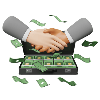 3d pile dollar banknote in black briefcase with handshake isolated. investment or business finance concept, 3d render illustration png