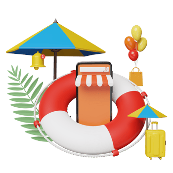 3d mobile phone, smartphone store front with umbrella, balloon, palm, shopping paper bags, lifebuoy isolated. online shopping summer sale concept, 3d render illustration png