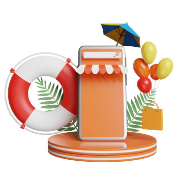 3d stage podium with mobile phone, smartphone store front, umbrella, balloon, palm, shopping paper bags, lifebuoy isolated on orange. online shopping summer sale concept, 3d render illustration png
