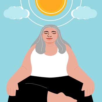 An elder woman doing yoga exercise and meditating, flat vector illustration.