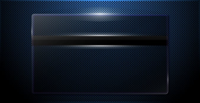 Glass banner on a black corrugated background. Reflections of light along the edges of a geometric shape. Realistic transparent glass window in a rectangular frame. vector