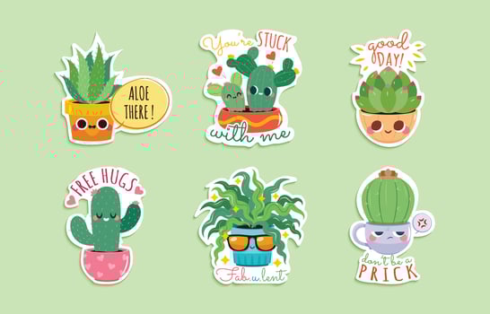Funny Succulent Cartoon Stickers Set for Journal Template vector