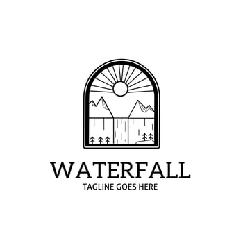 waterfall logo design vector with mountains line art design style
