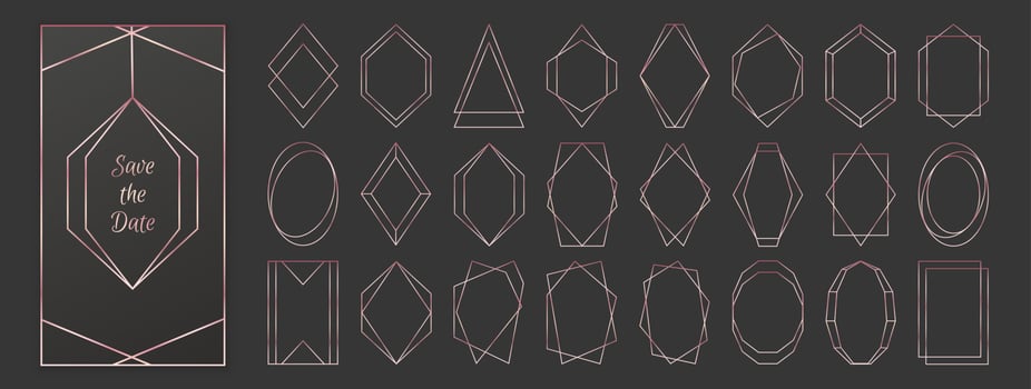 Rose gold polygonal frames collection isolated on dark grey background. vector