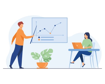 business coach showing growth graph businesswoman laptop training statistics flat illustration analytics management concept banner website design landing web page Character Illustration vector