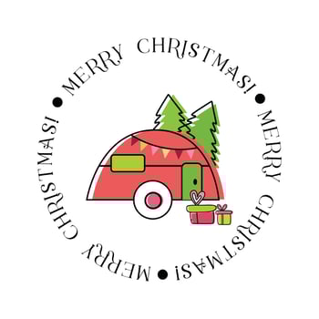 Christmas camper with christmas tree. Cute vintage vector illustration. Travel trailer in Winter bunner. Christmas element for  posters, card.