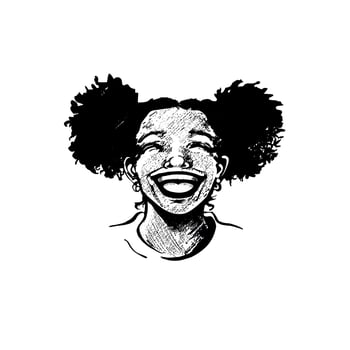Cute african american young woman, teenager girl, laughing heartily, lips wide open, shining teeth, with curly hair in pigtails. Realistic hand drawn joyful face, black and white female portrait vector