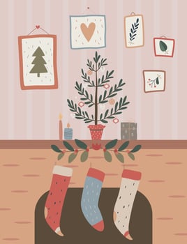 Noel, Christmas Card, cozy hygge room, christmas tree vector