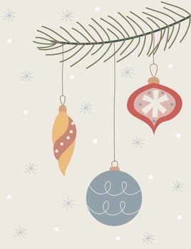 Minimalist Hygge christmas card with Christmas decorations and snowflakes vector